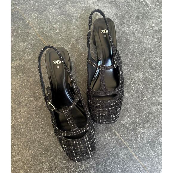 ZARA Textured Slingbacks NWT ๐ค Tweed Fabric Block Heel Size 7.5 8 - Picture 7 of 15